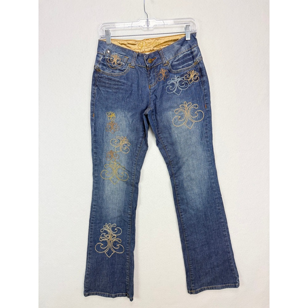 Dereon Embroidered Bootcut Jeans 5/6 Blue Y2K Fleur De Lis Low Rise Y2K McBling